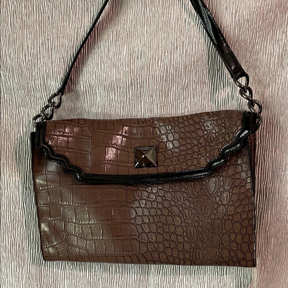Kate Landry Dark Brown Crocodile-Embossed Shoulder Bag